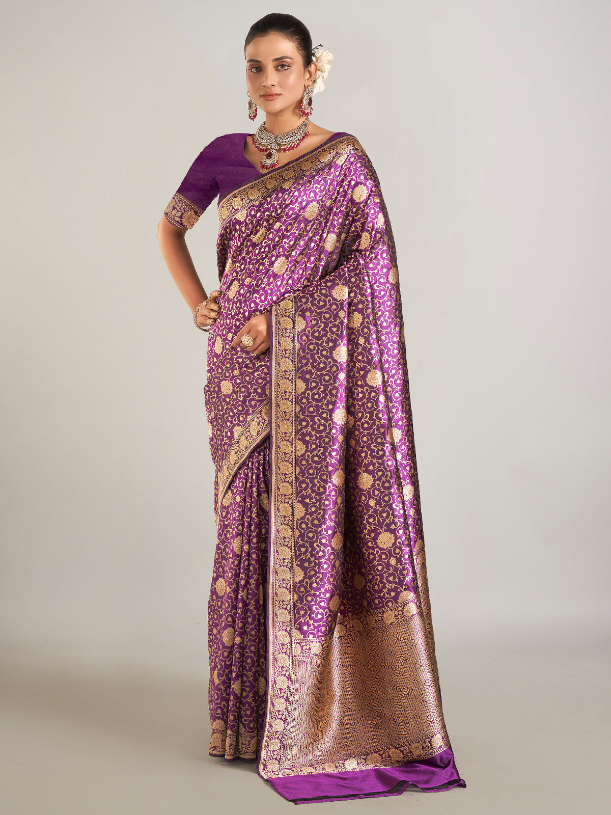 Wedding style purple banarasi silk saree