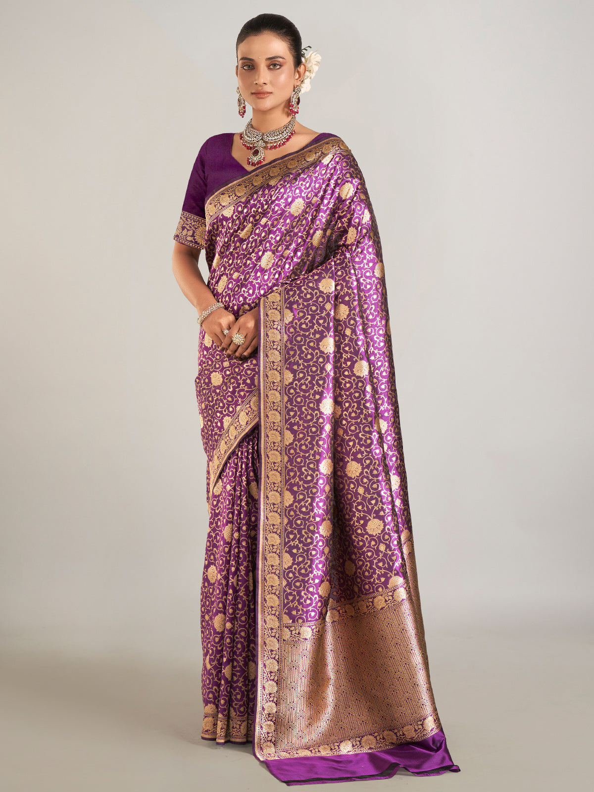 Wedding style purple banarasi silk saree