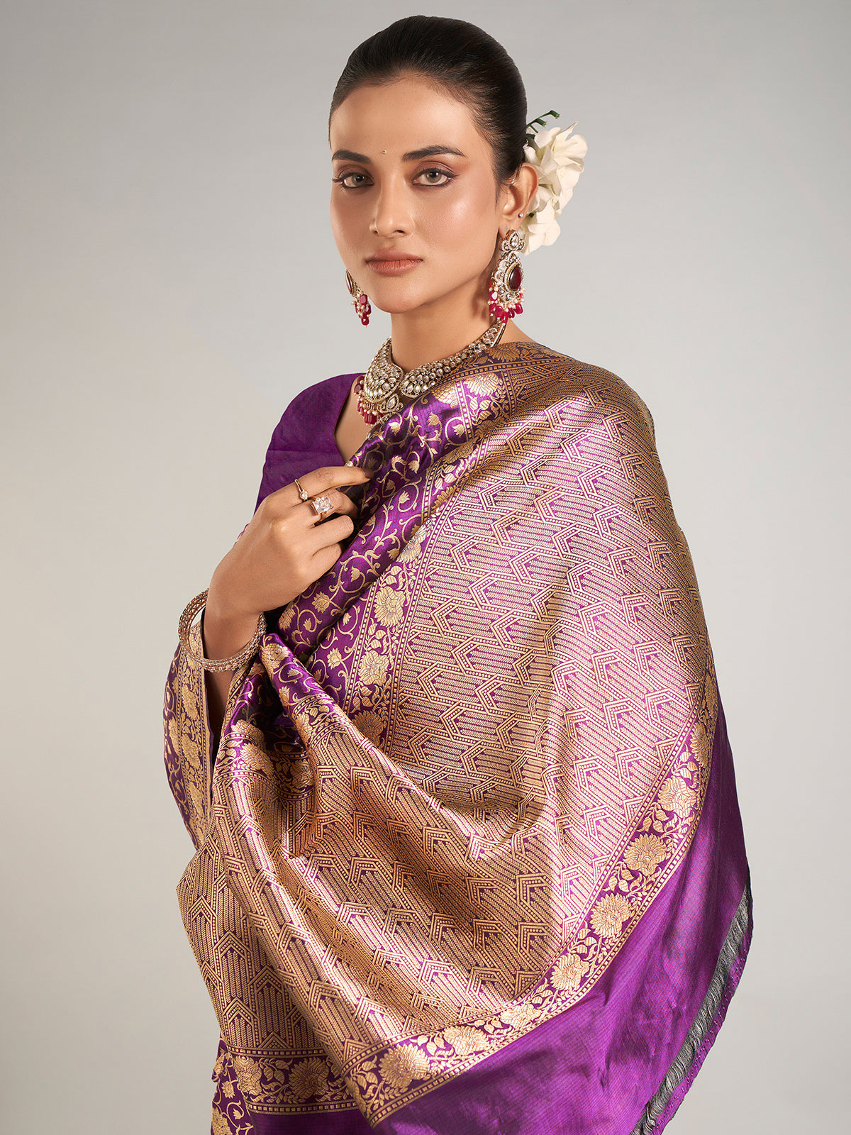 Wedding style purple banarasi silk saree