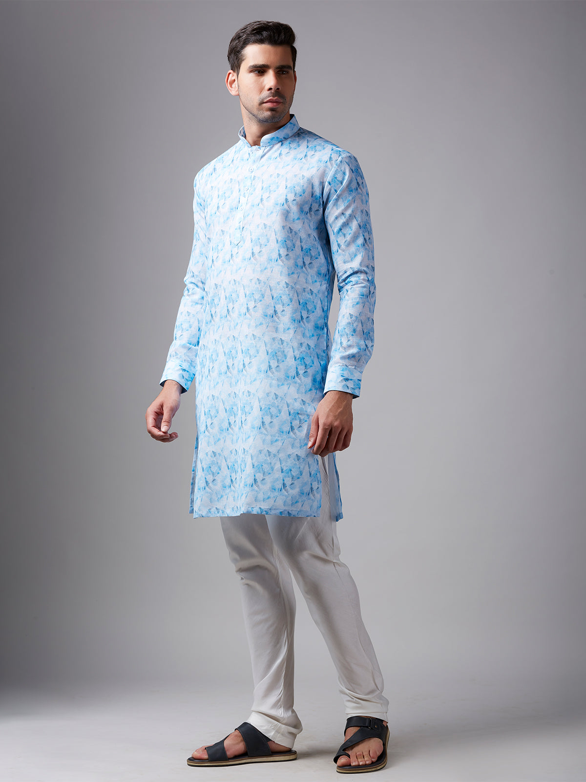 White and blue printed linen kurta suit