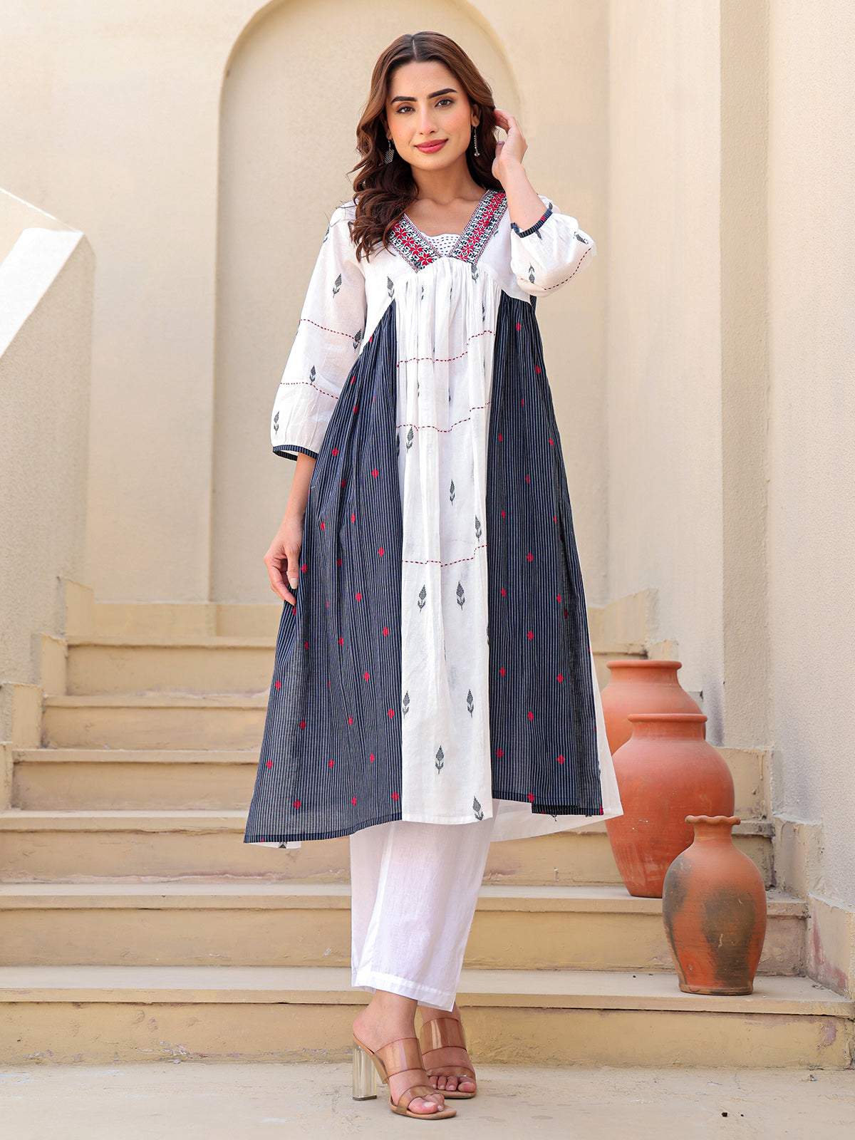 White and navy cotton printed kurti set