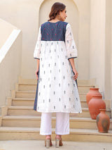 White and navy cotton printed kurti set