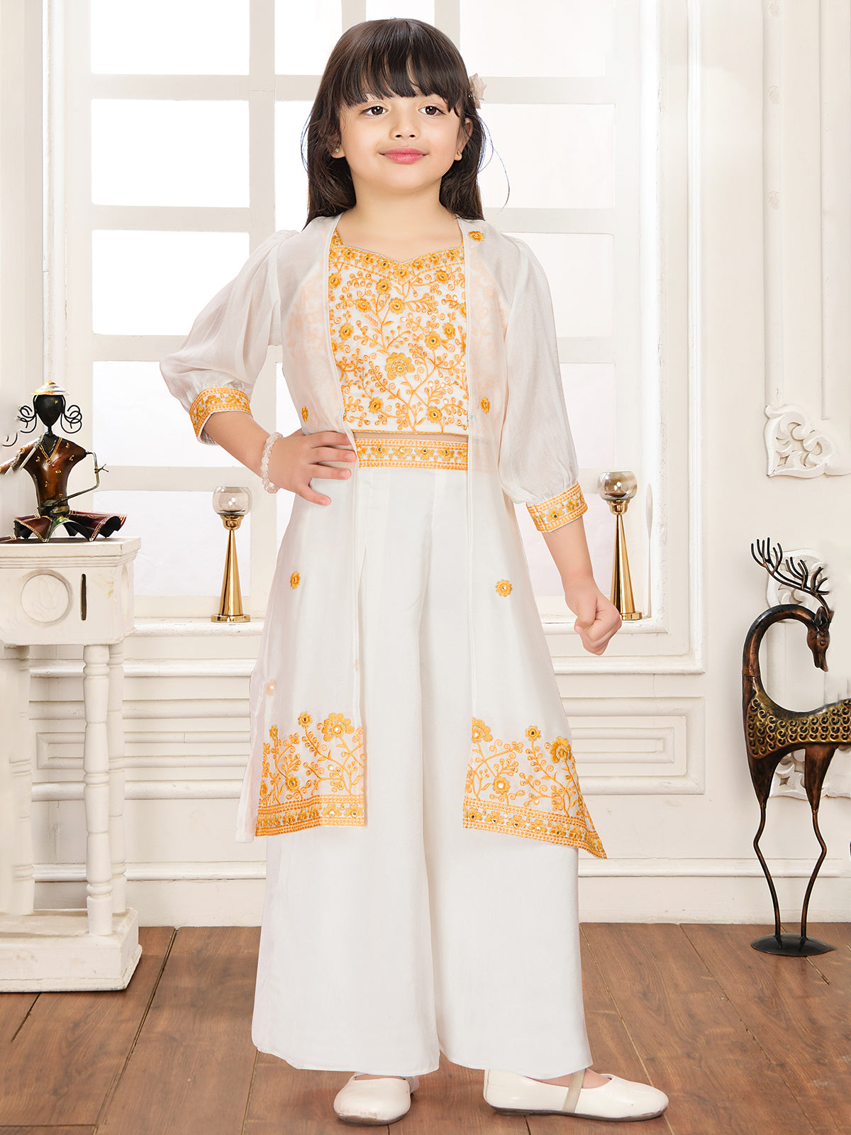 White and yellow jacket style palazzo suit