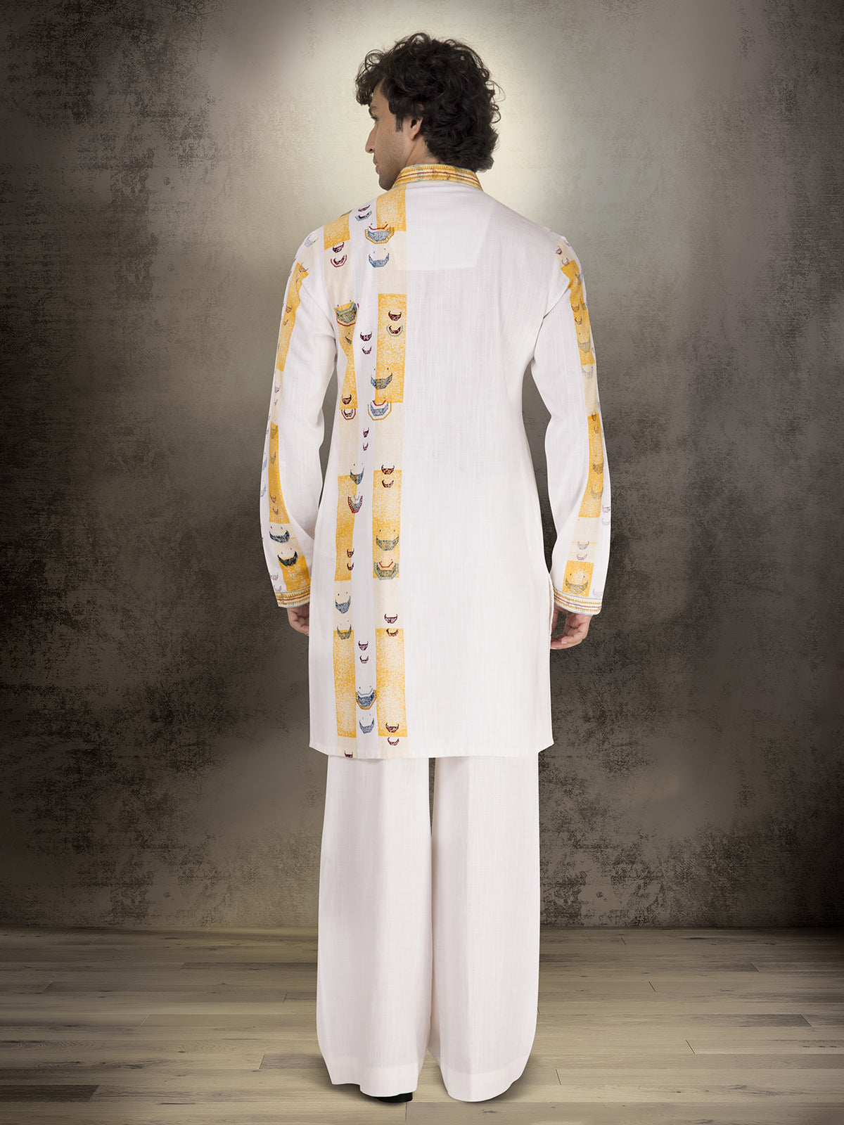 White and yellow linen cotton printed kurta suit