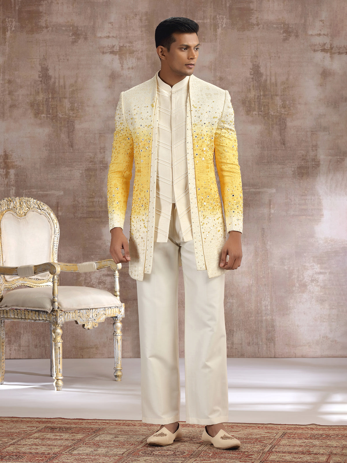 White and yellow shaded silk indo western