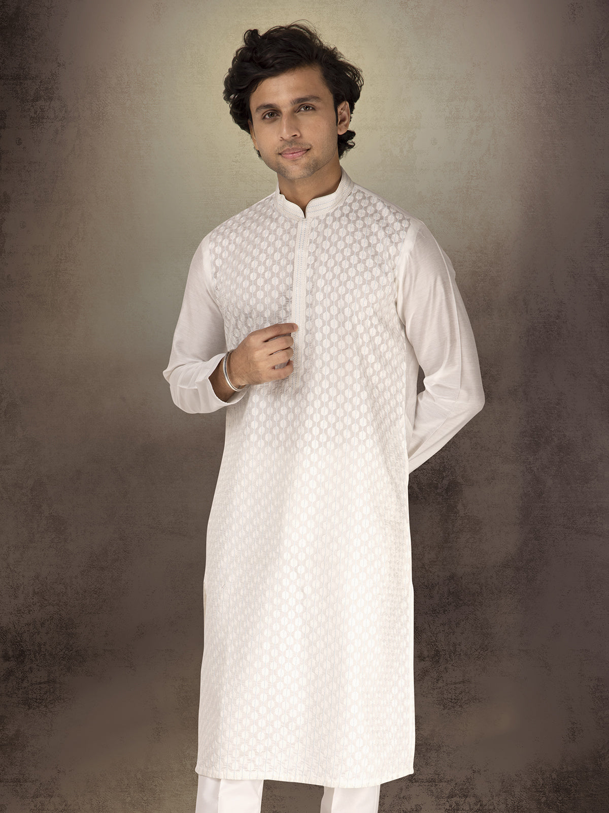 White chanderi silk embroidered festive kurta suit