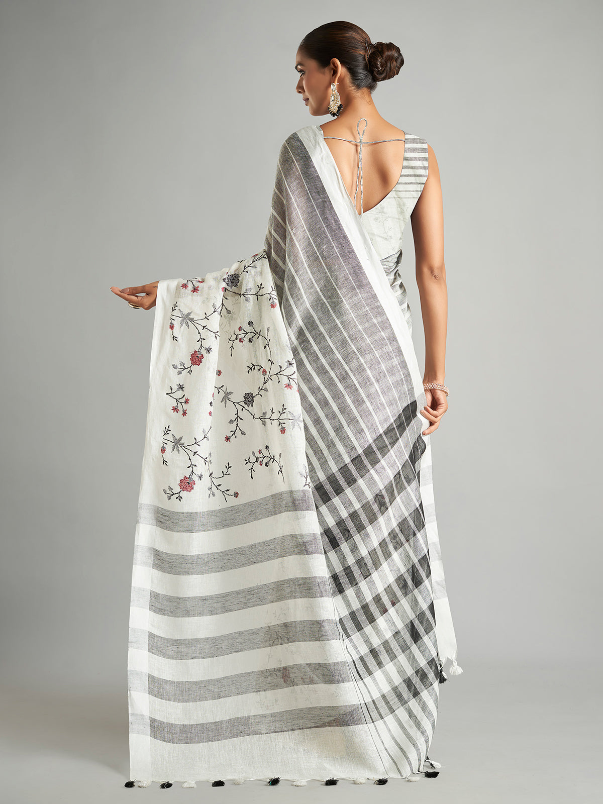 White cotton linen stripe saree