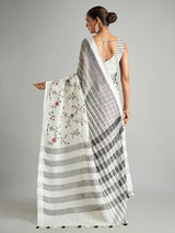 White cotton linen stripe saree