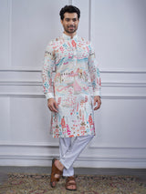 White cotton printed kurta suit for festival
