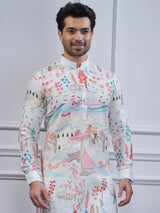 White cotton printed kurta suit for festival