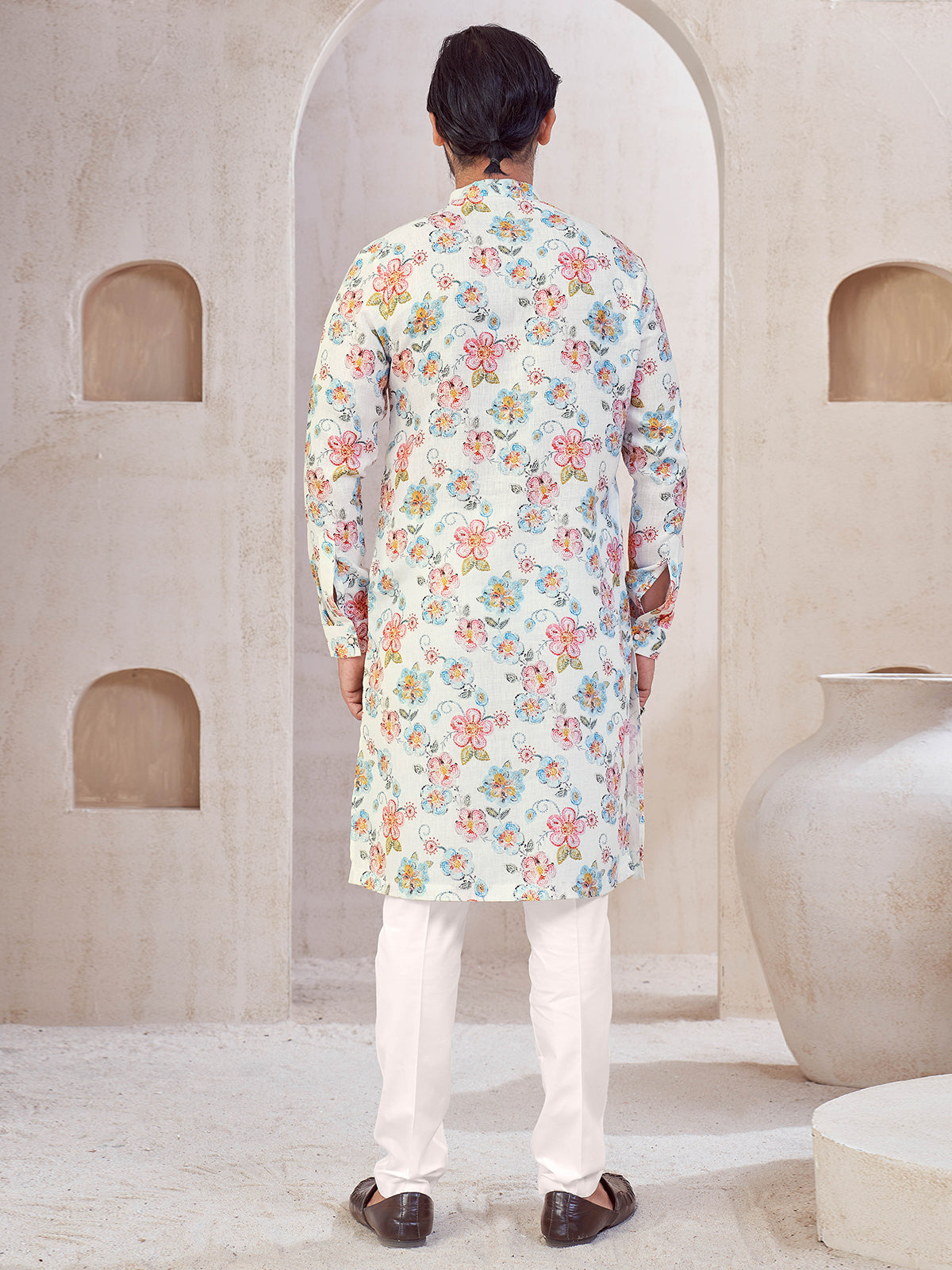 White cotton printed kurta suit for mens