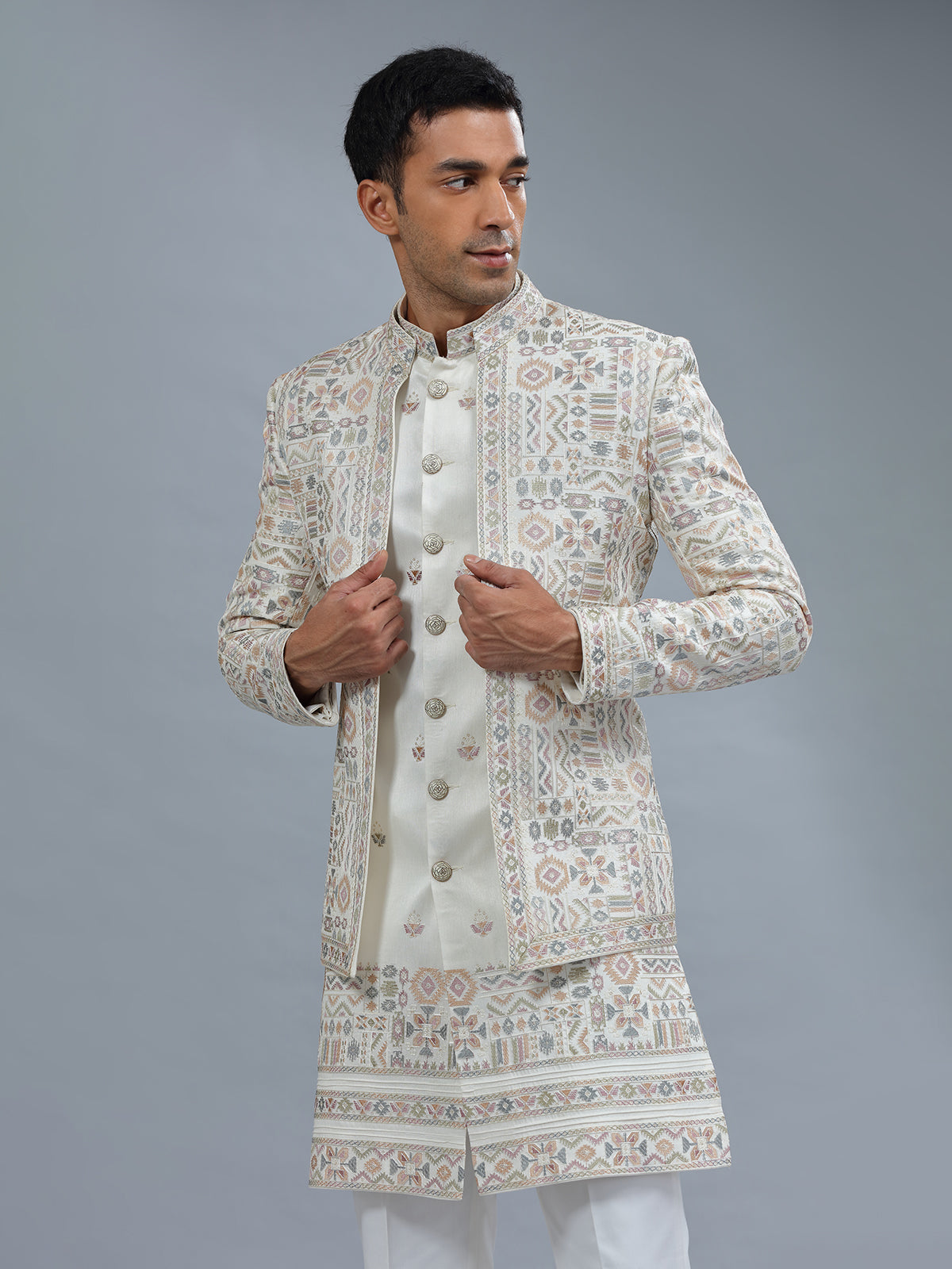 White embroidery terry rayon indowestern
