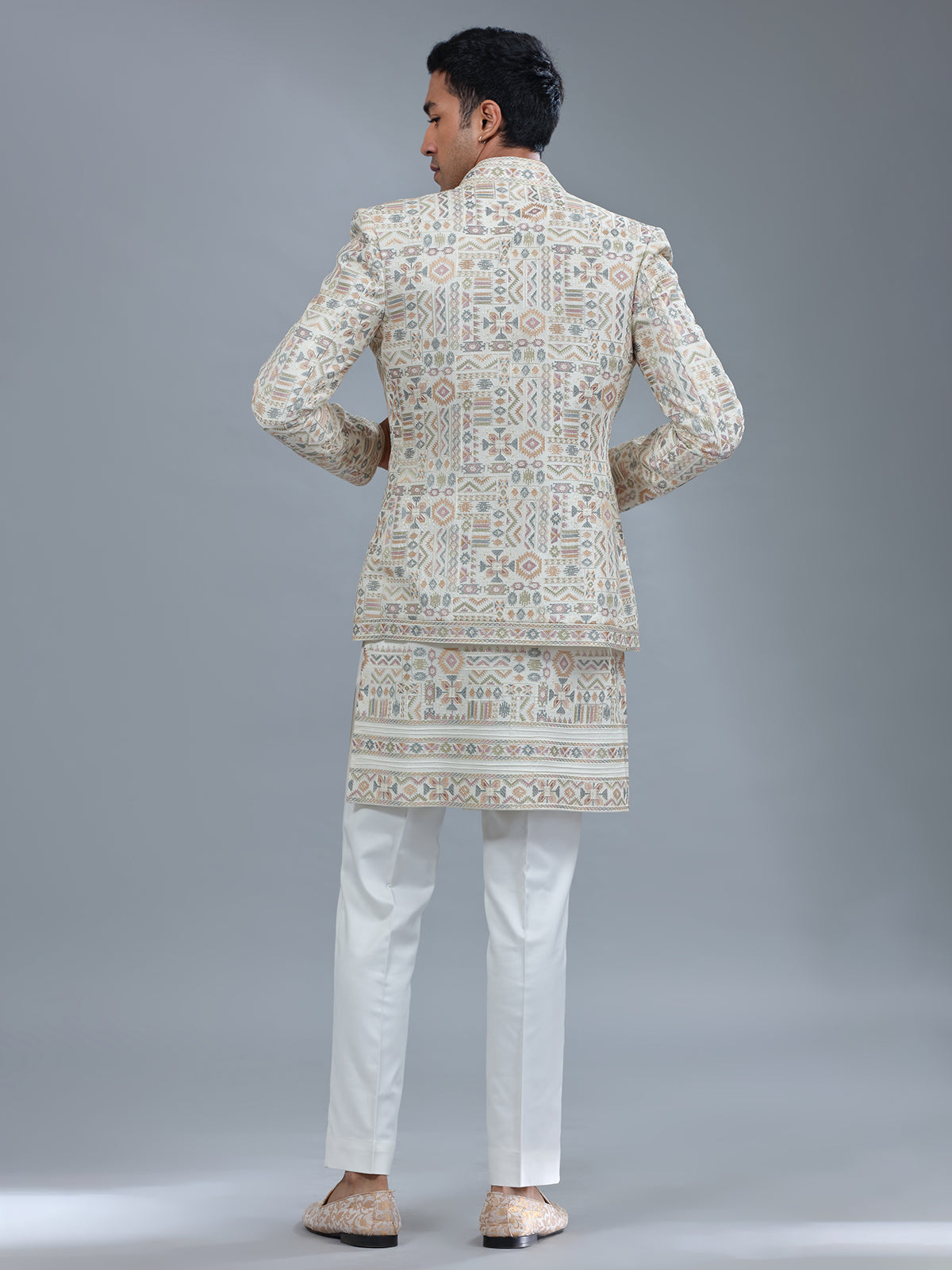White embroidery terry rayon indowestern