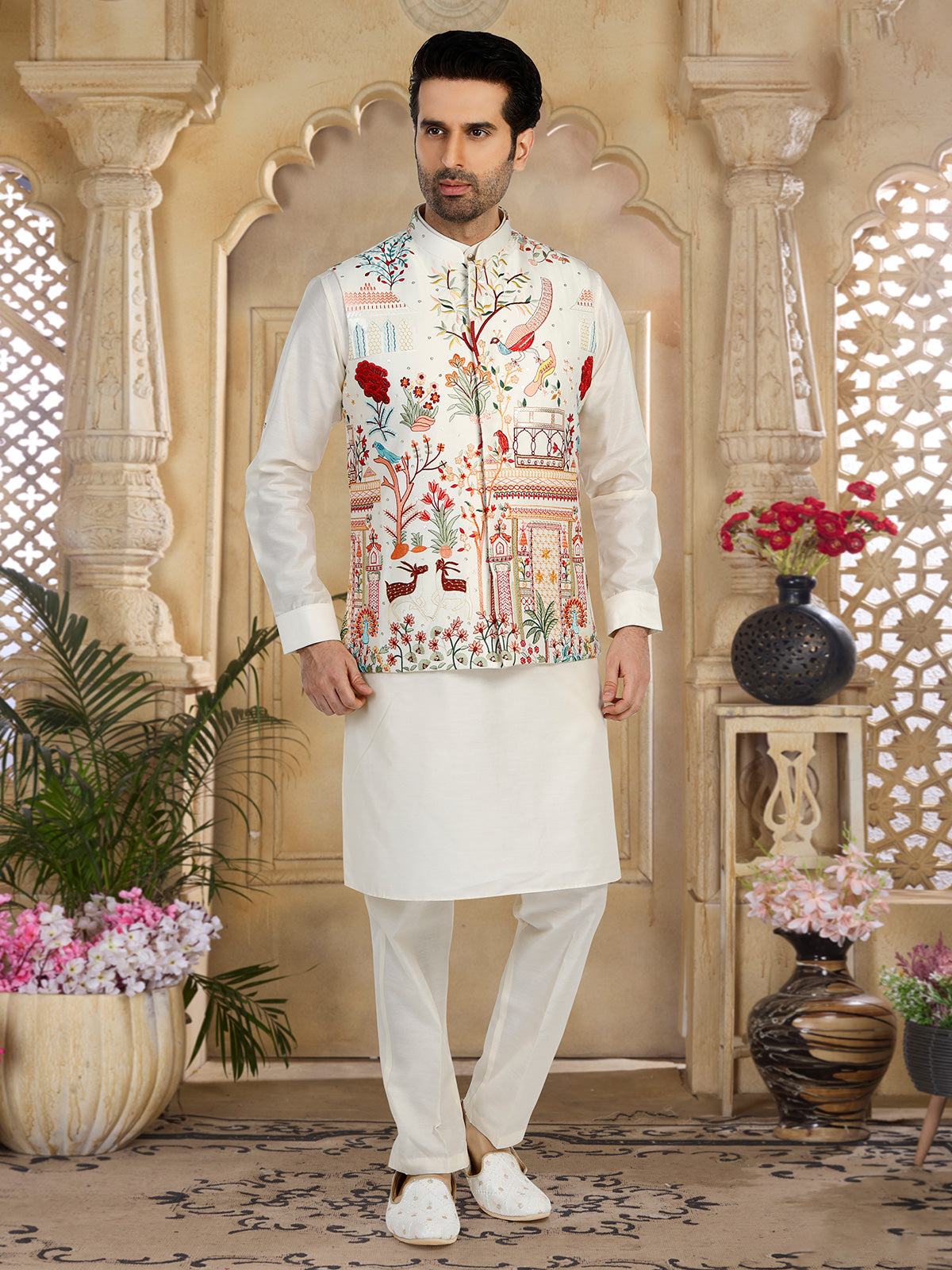 Cream embroidery waistcoat set in silk