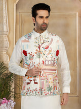 Cream embroidery waistcoat set in silk