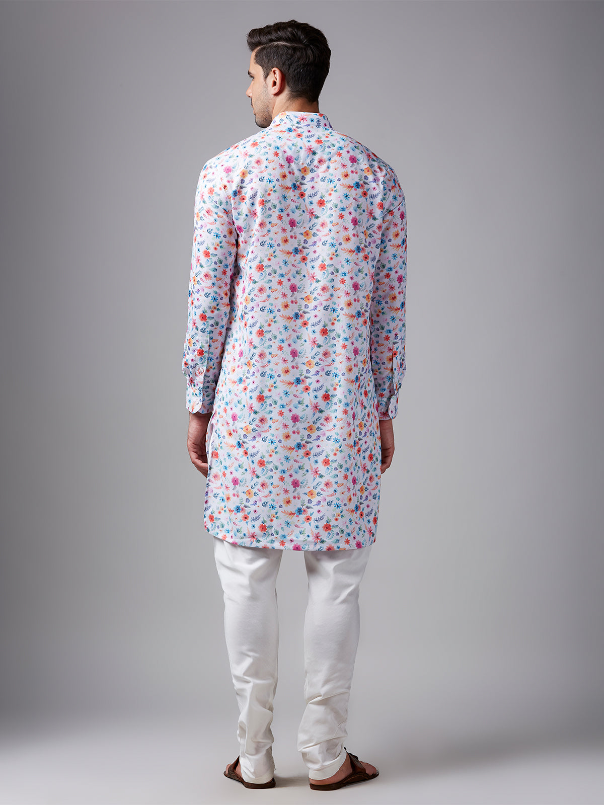 White floral printed linen kurta suit
