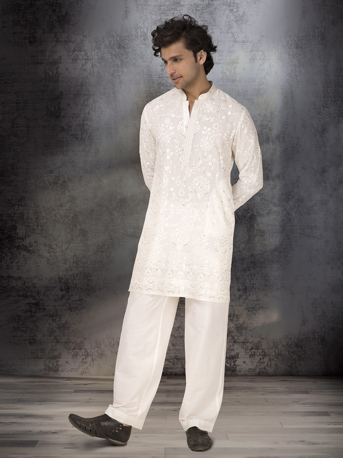 White georgette kurta suit with embroidery and sequins work