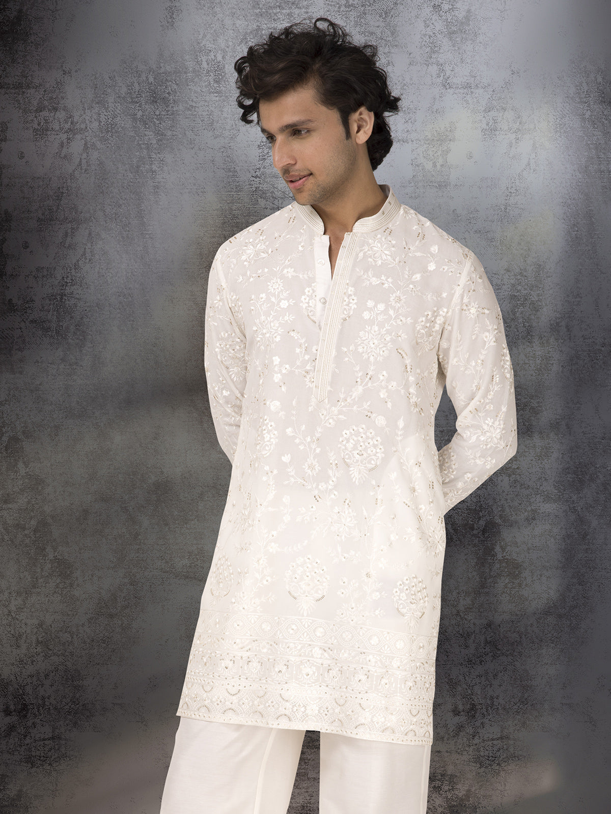 White georgette kurta suit with embroidery and sequins work