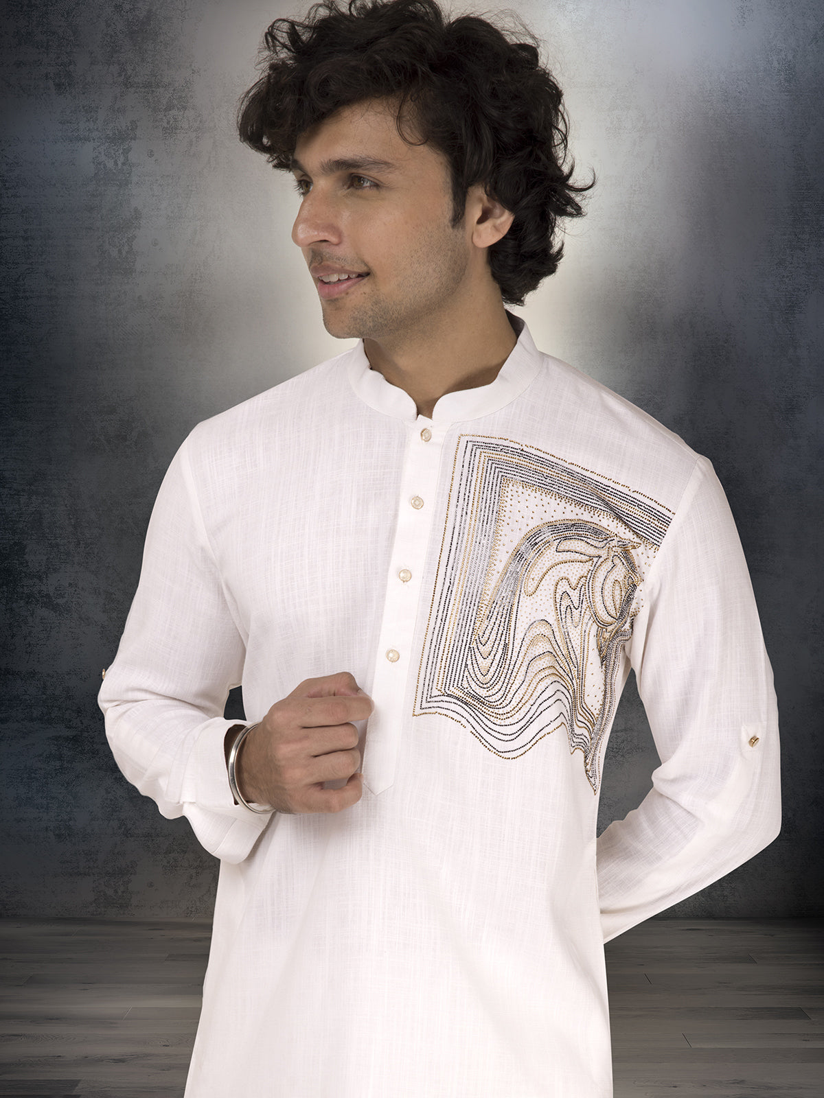 White linen cotton kurta suit with stone embellishments