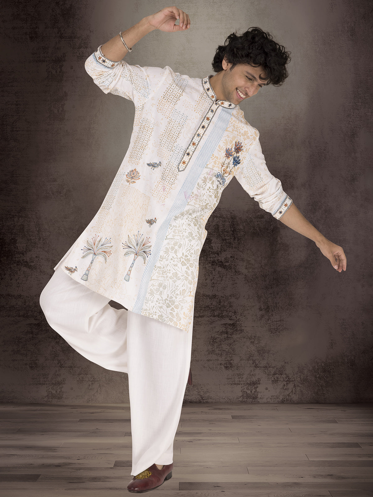 White linen cotton thread and zardosi work kurta suit