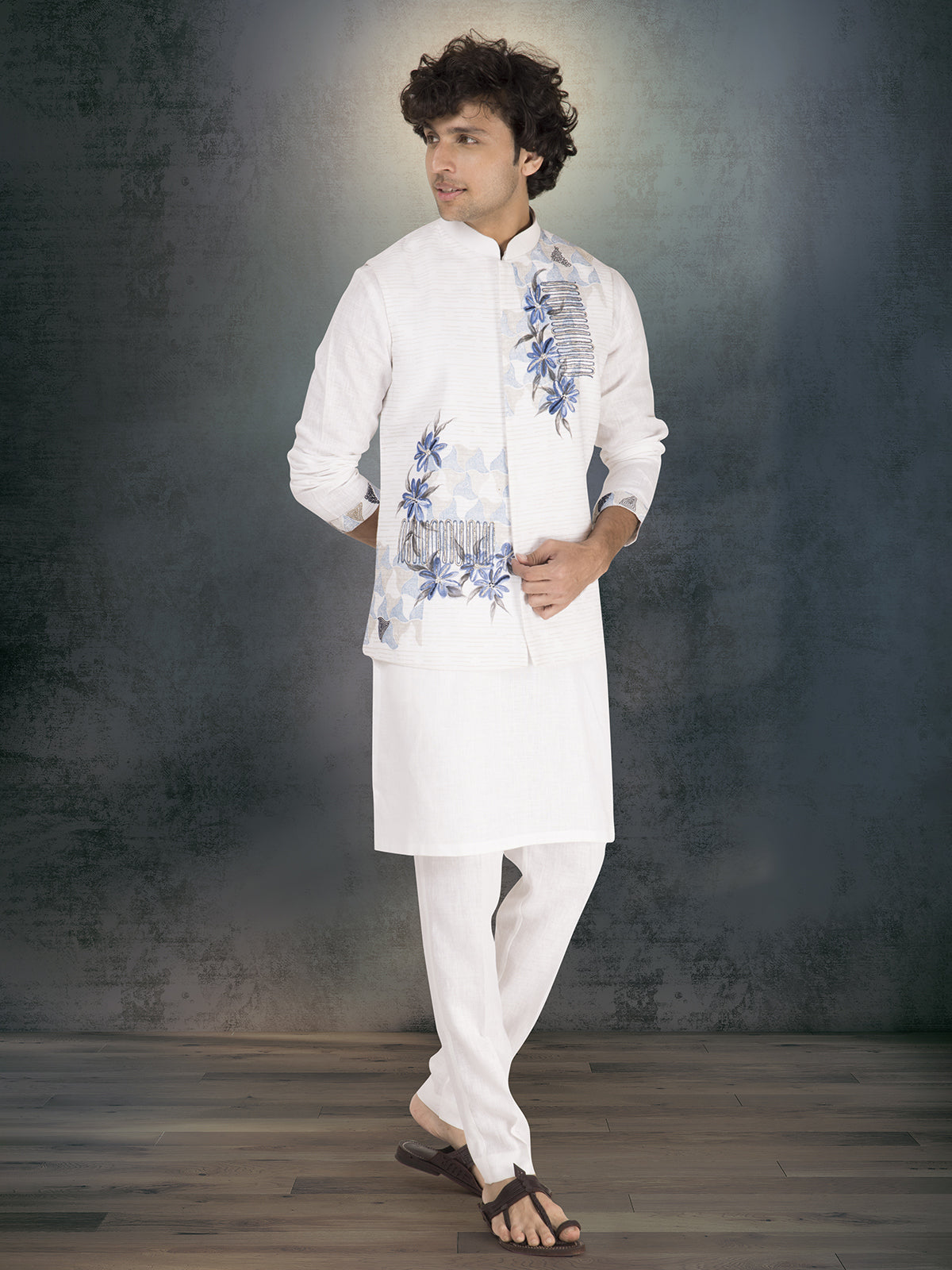 White pure linen block printed waistcoat set