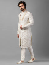 White raw silk embellished sherwani