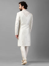 White raw silk embellished sherwani