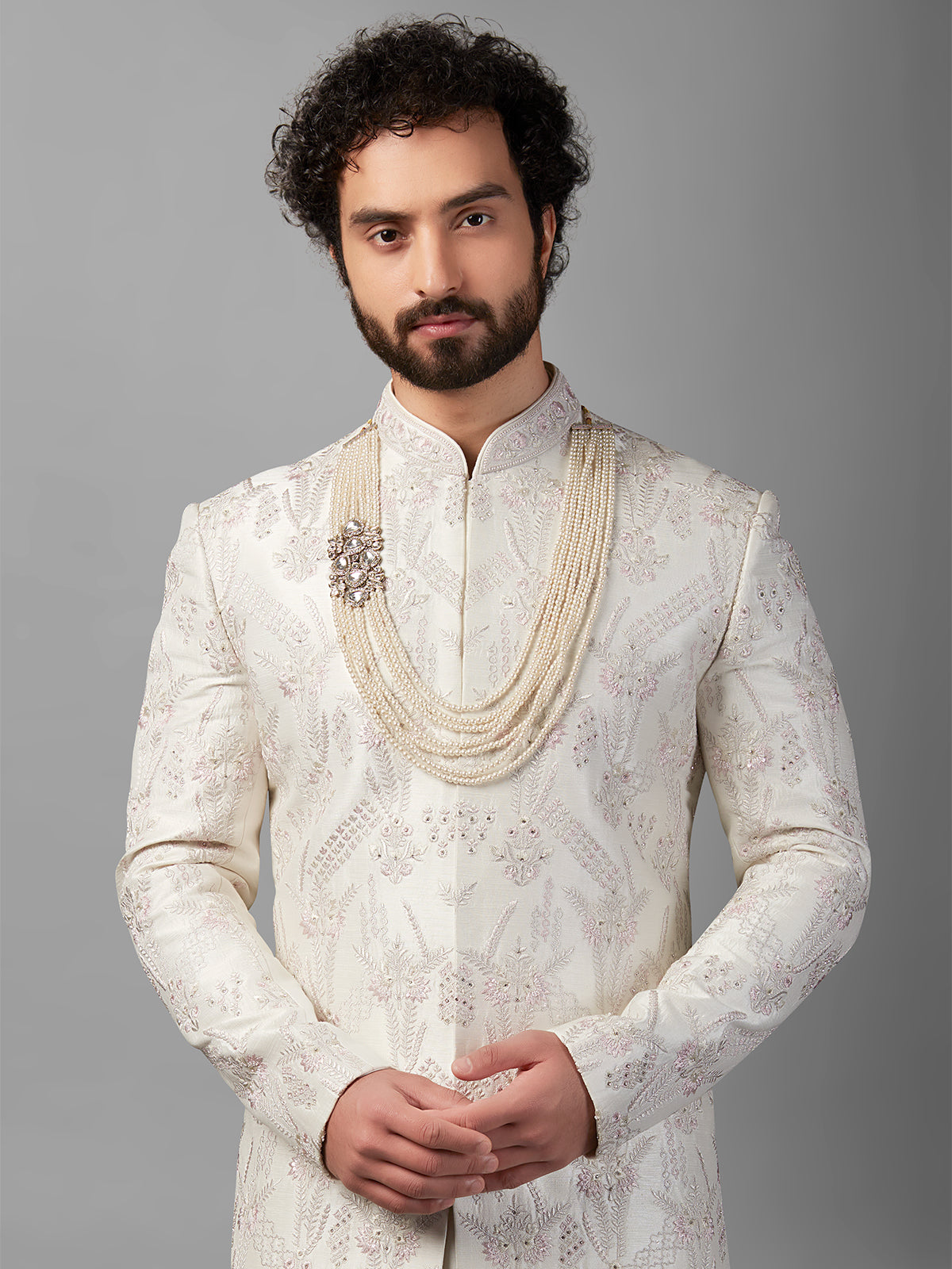 White raw silk embellished sherwani