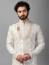 White raw silk embellished sherwani