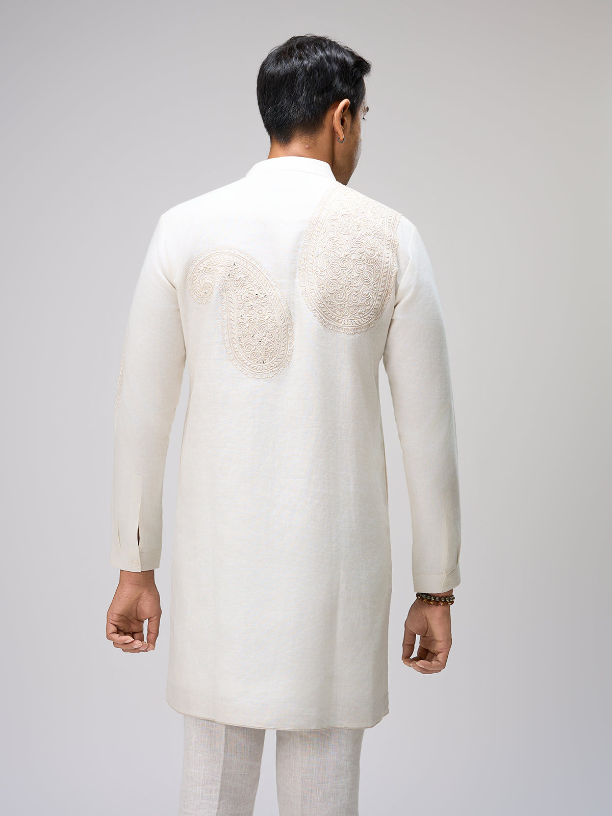 White resham embroidered kurta suit men