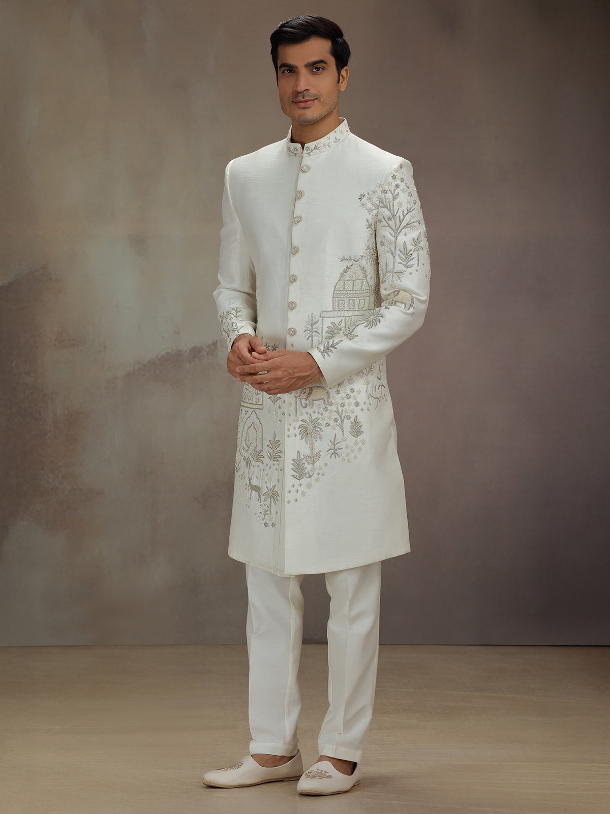 White silk elephant artwork indo western