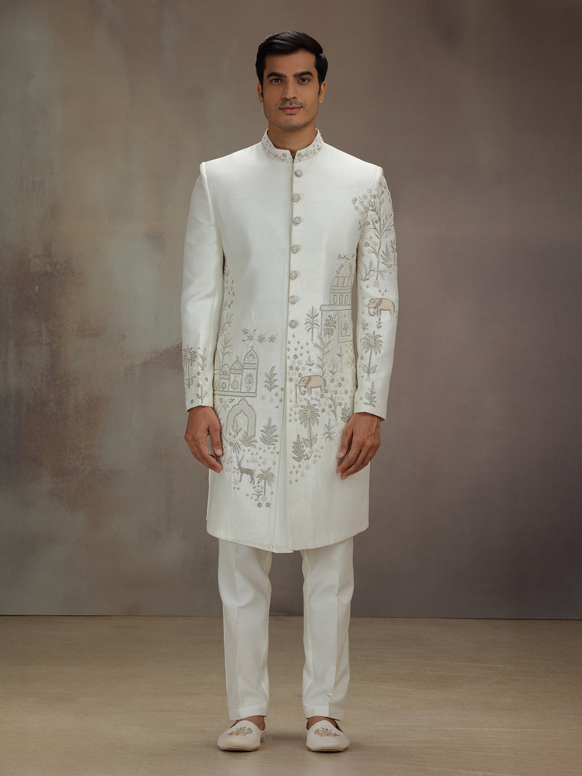 White silk elephant artwork indo western
