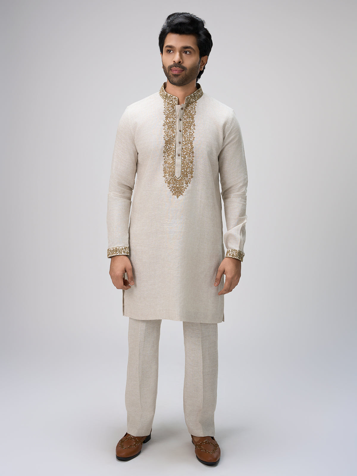White soft threadwork kurta suit men