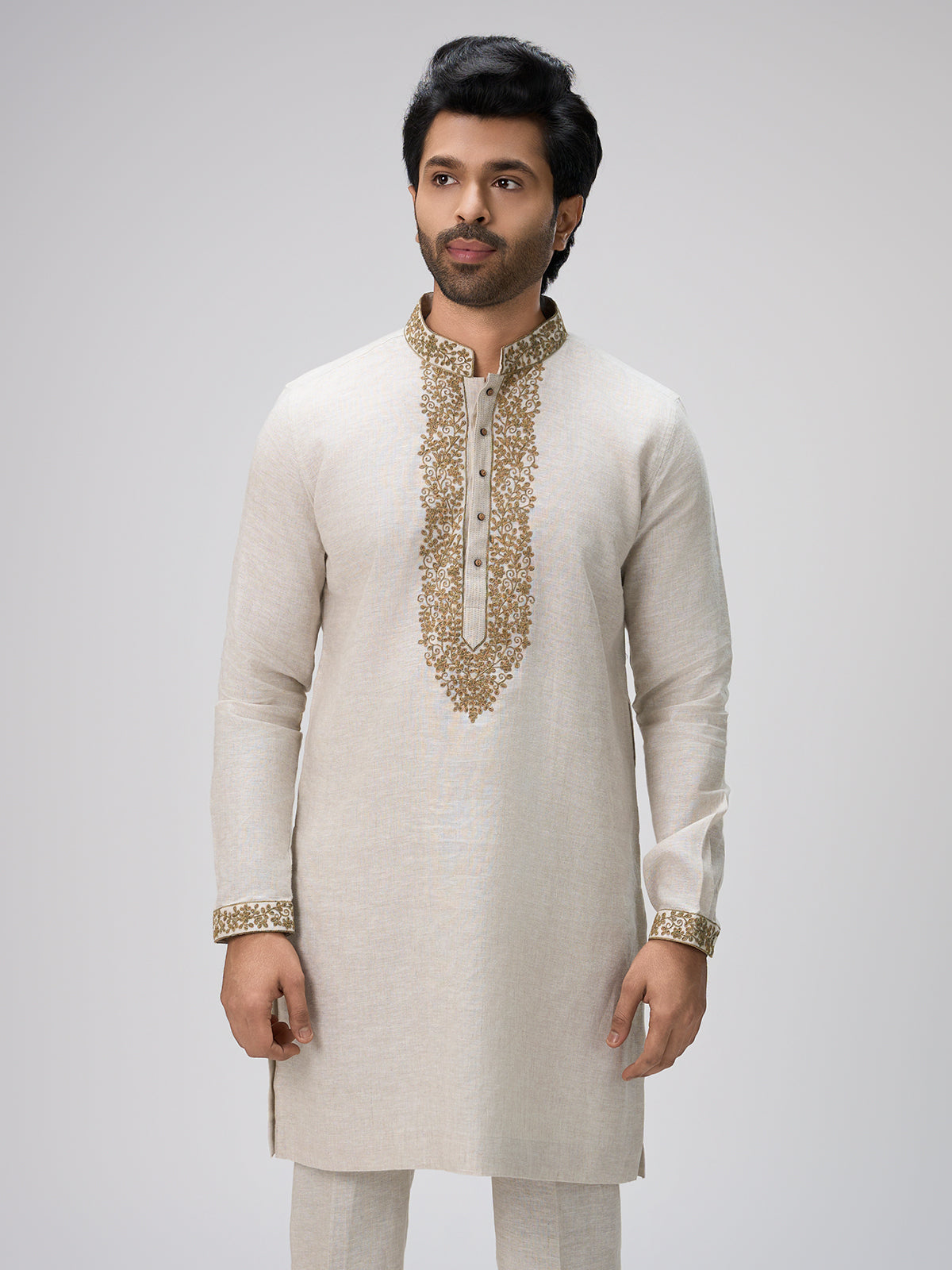 White soft threadwork kurta suit men