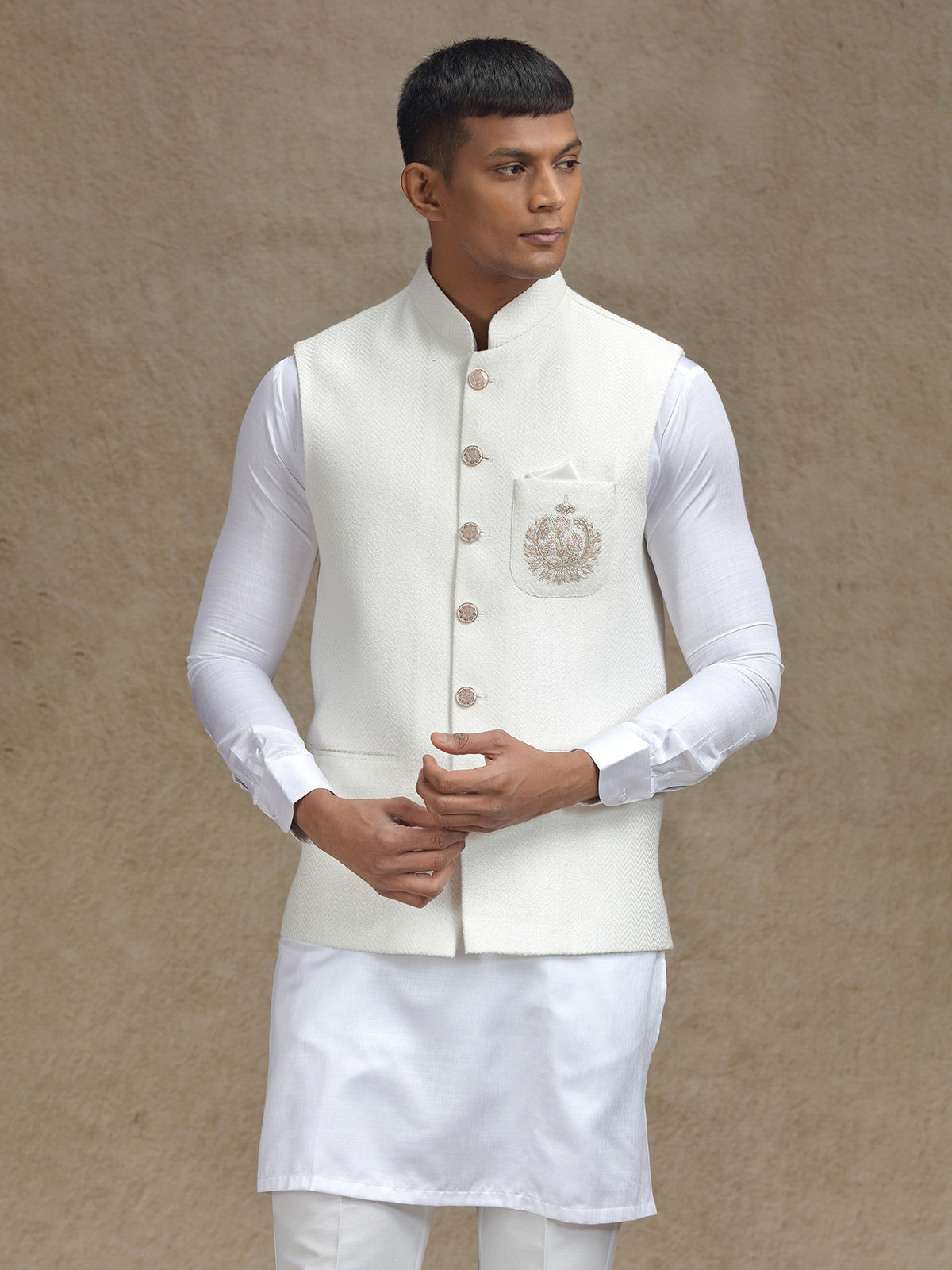 White waistcoat set with intricate work for mens wear