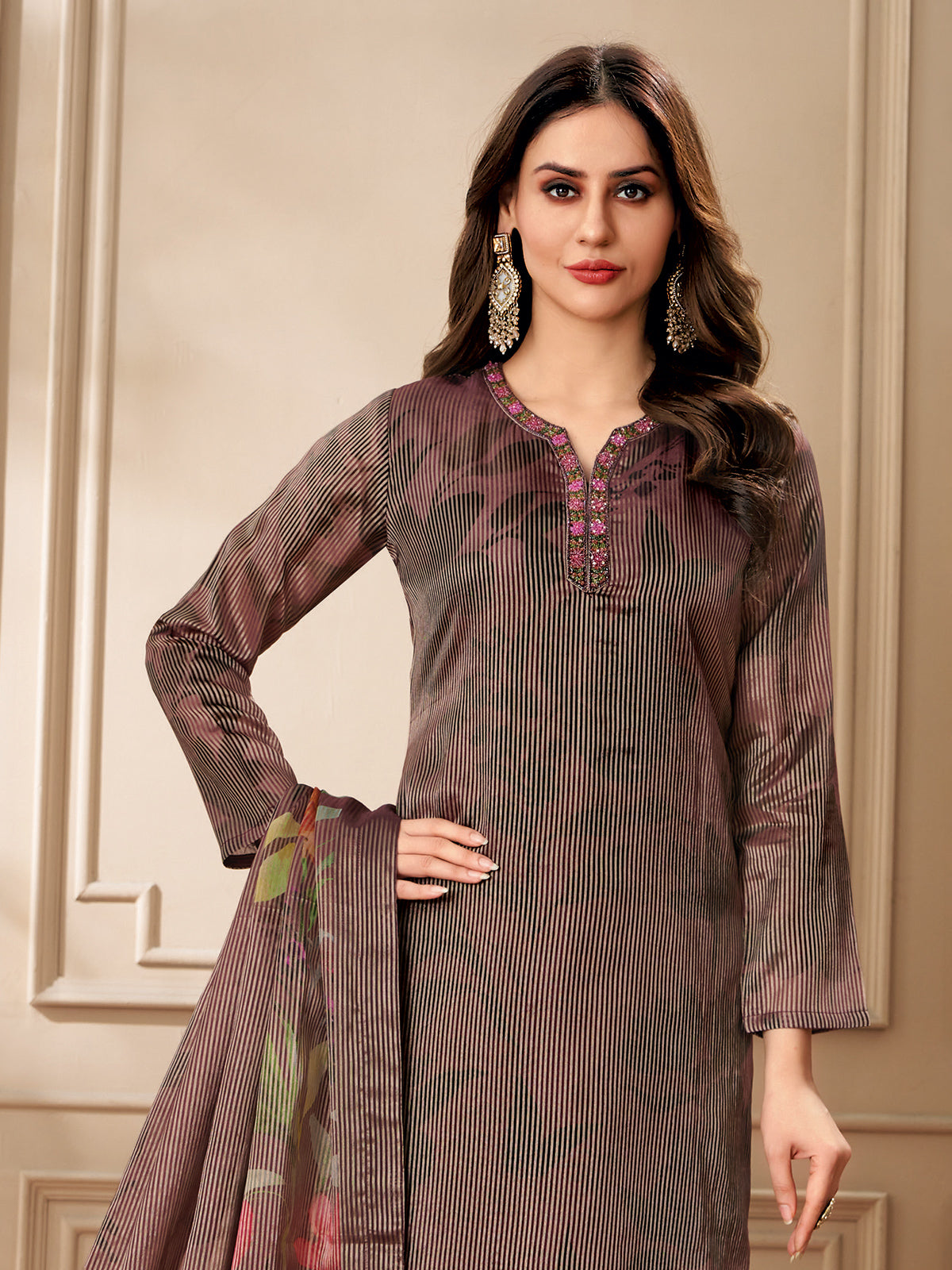 Wine printed organza salwar suit
