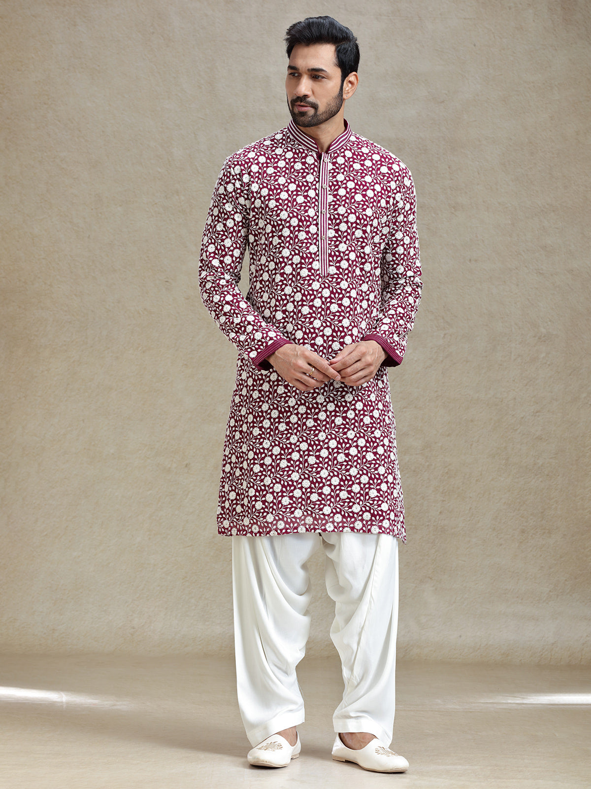 Wine shades kurta set for festive charm