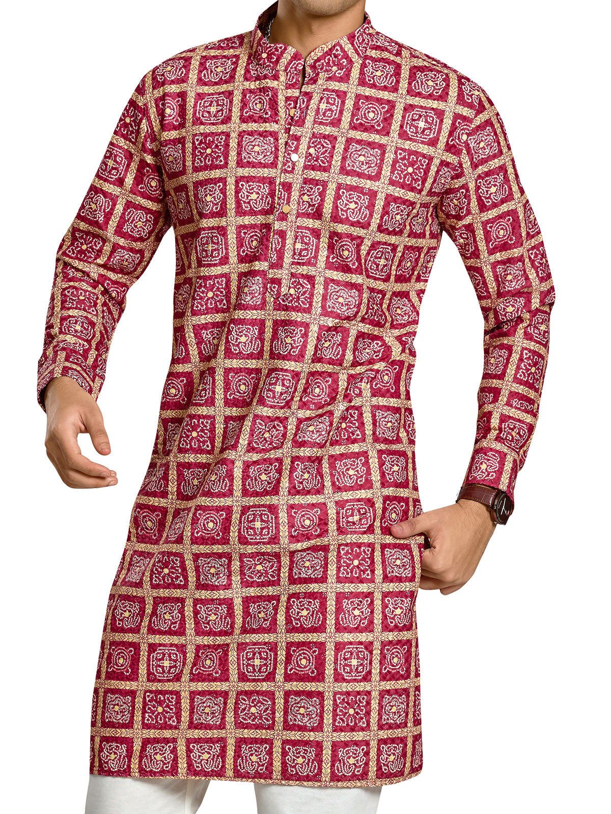 Wine silk printed kurta for festive celebrations