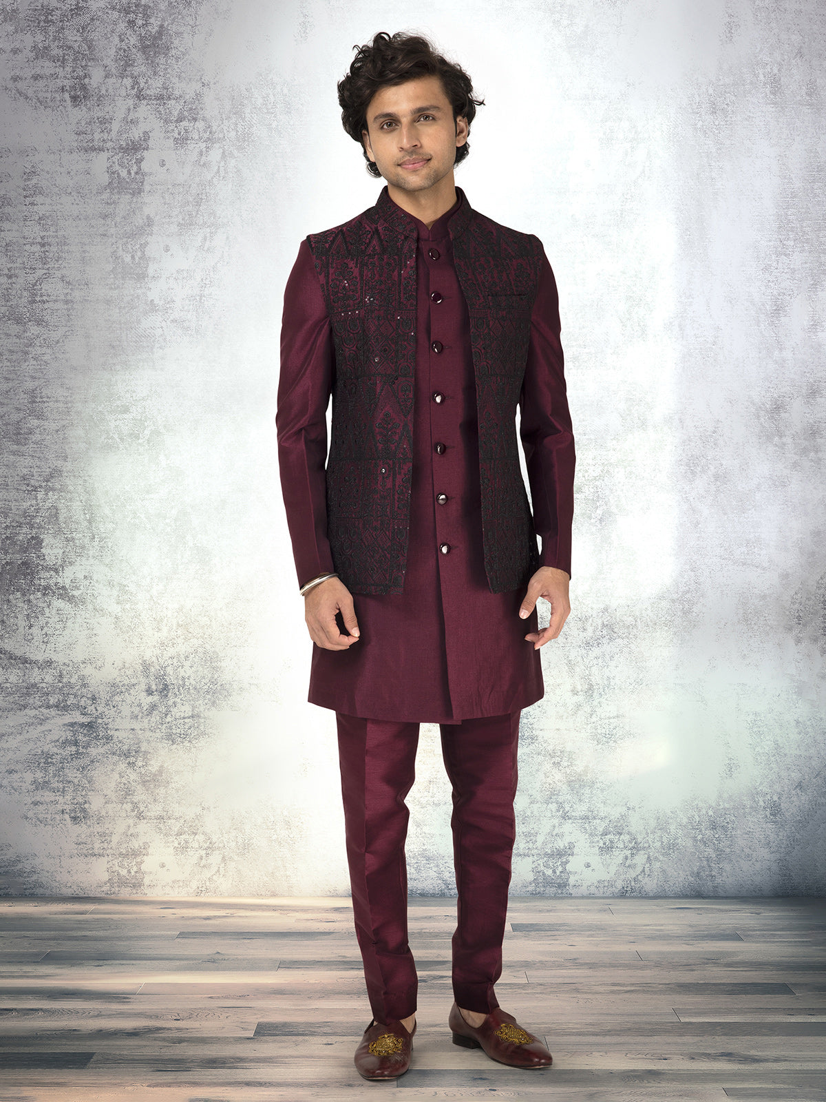 Wine silk waistcoat set for reception wear