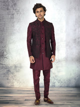 Wine silk waistcoat set for reception wear