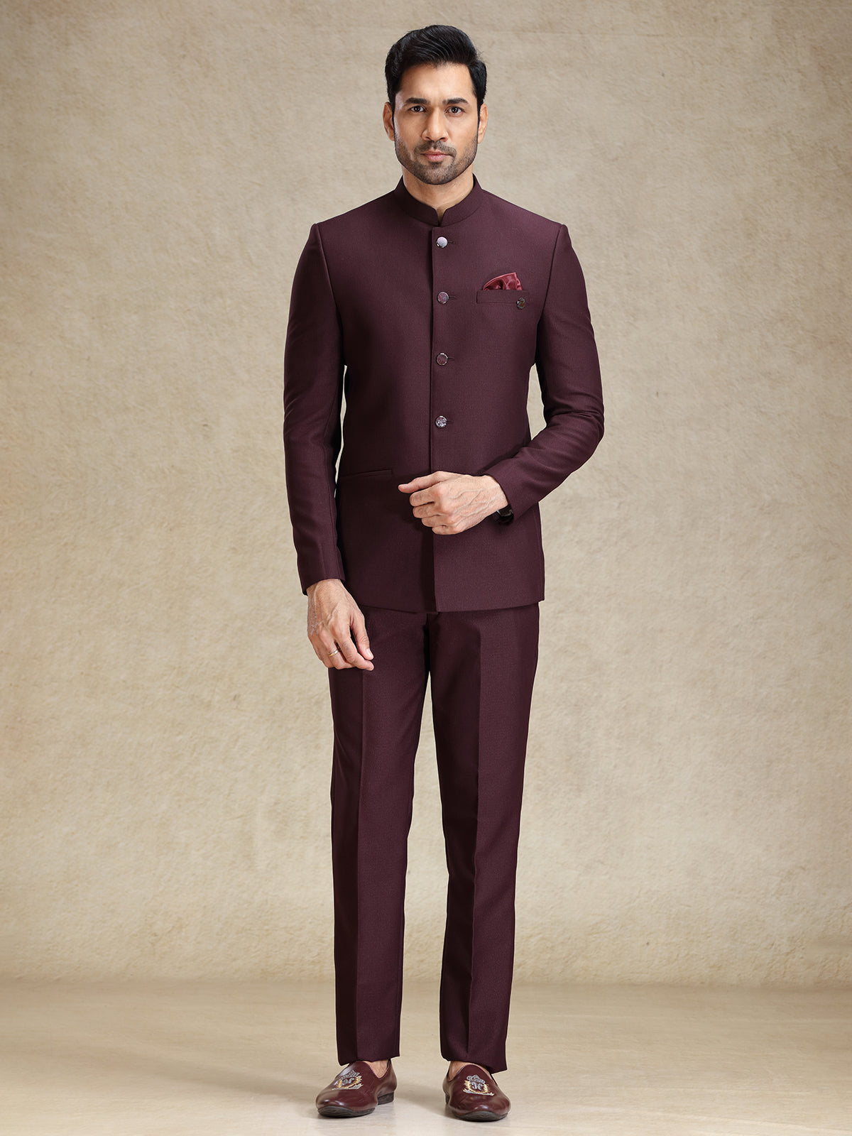 Wine terry rayon bandh gala jodhpuri suit