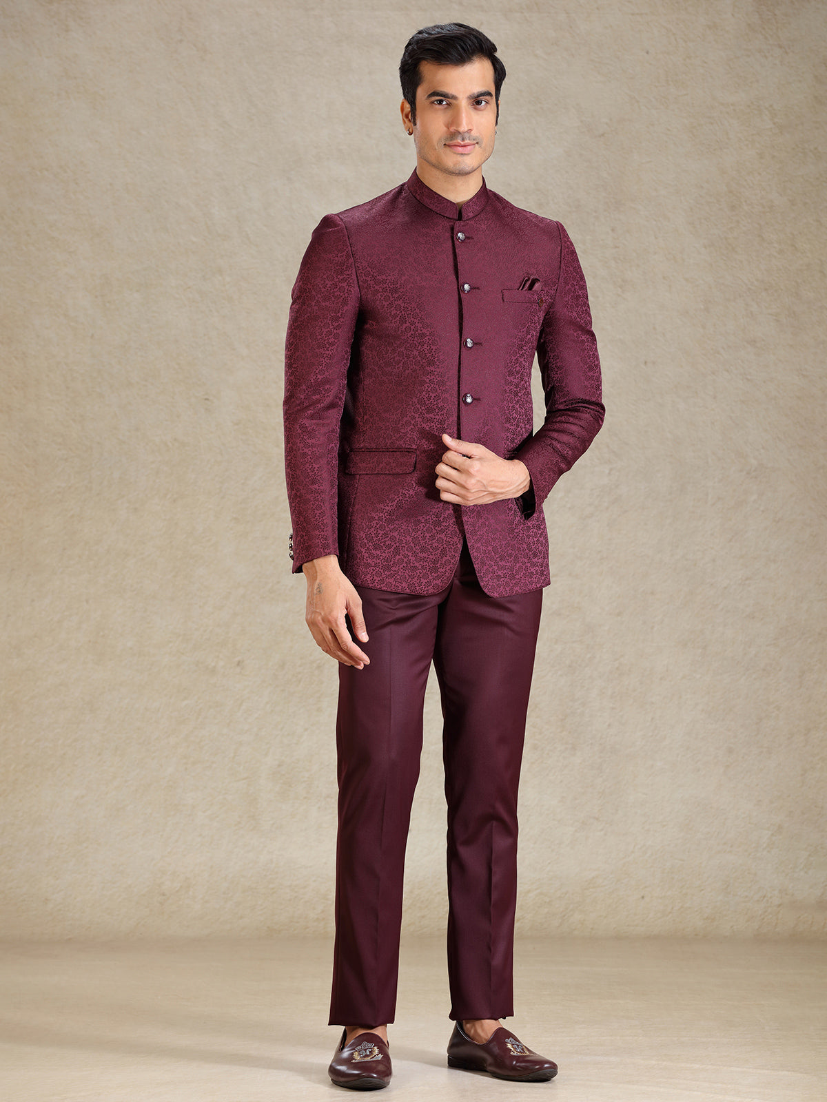 Wine textured jacquard net bandh gala suit