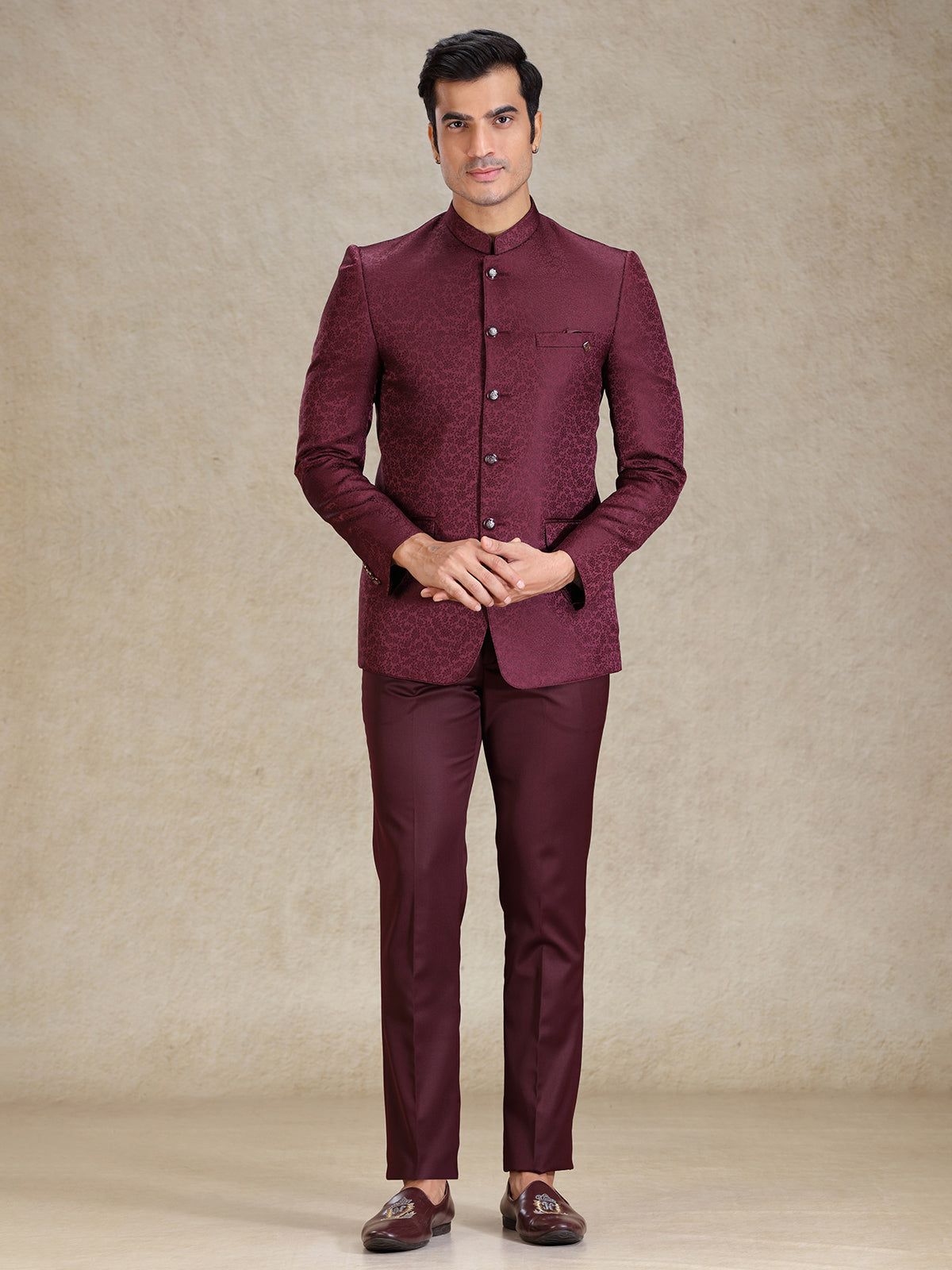 Wine textured jacquard net bandh gala suit