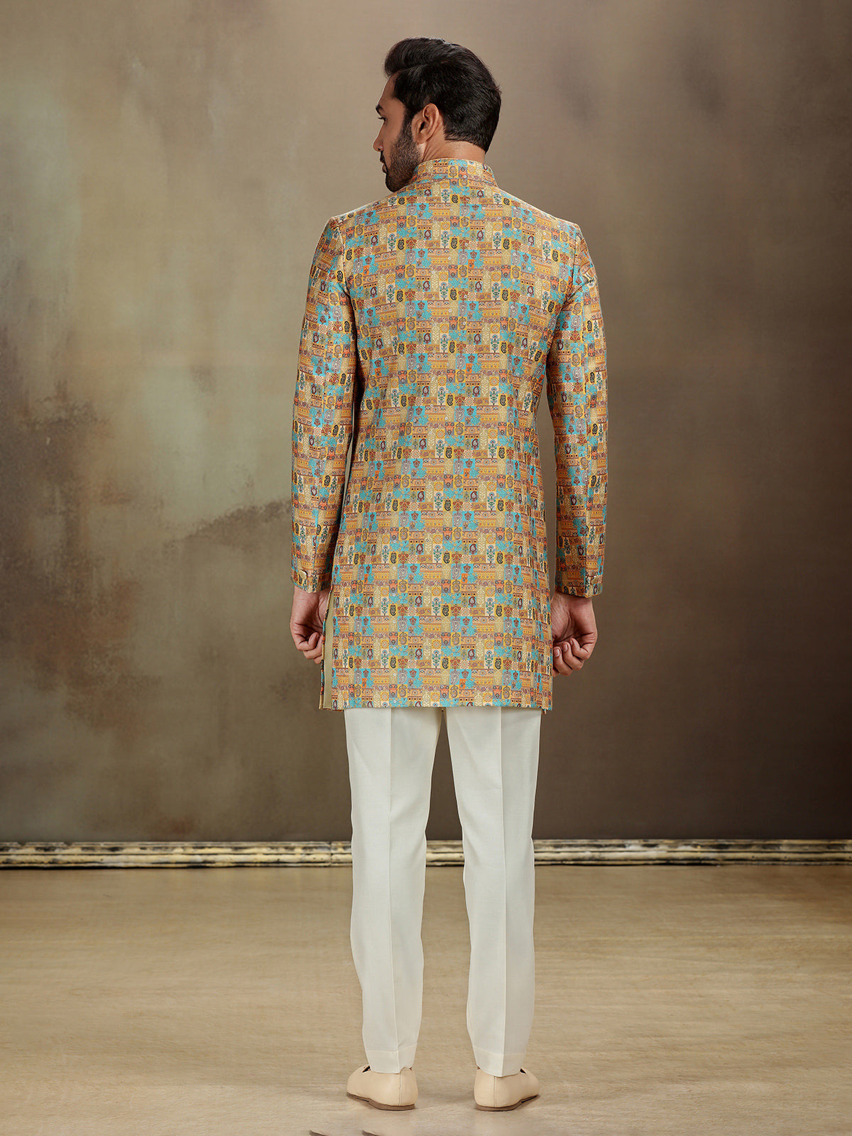 Yellow banarasi jacquard heritage indo western