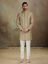 Yellow banarasi jacquard heritage indo western