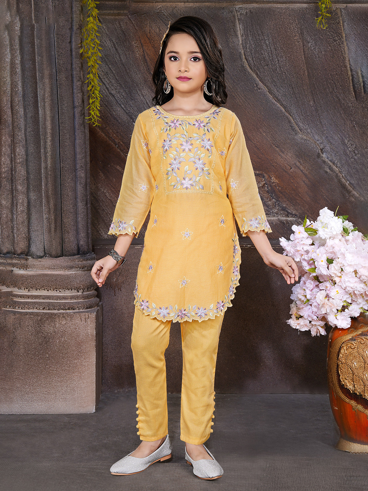 Yellow cotton silk embroidered salwar suit with pants