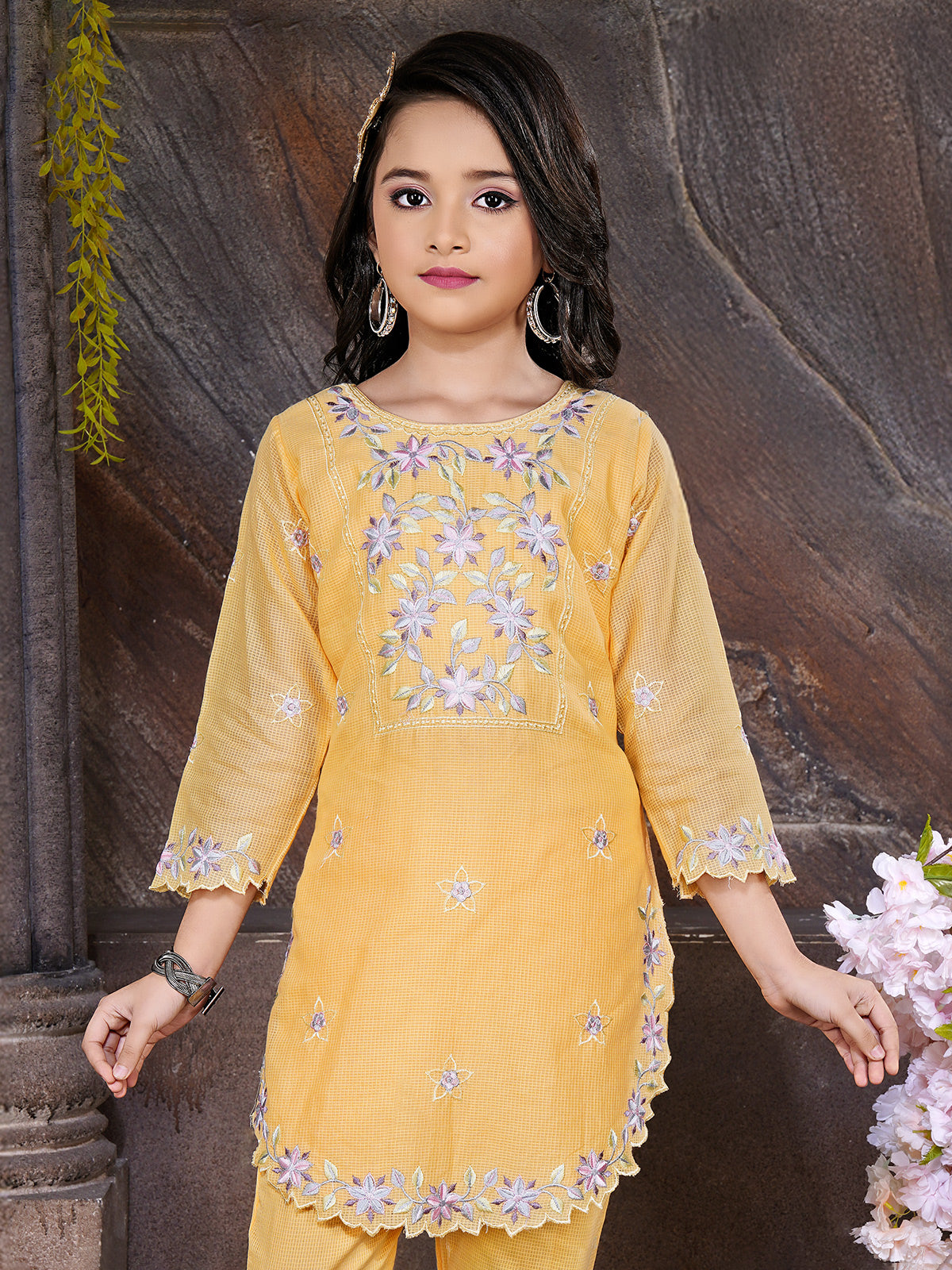 Yellow cotton silk embroidered salwar suit with pants
