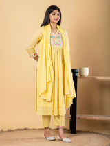 Yellow cotton yoke kurti set with dupatta