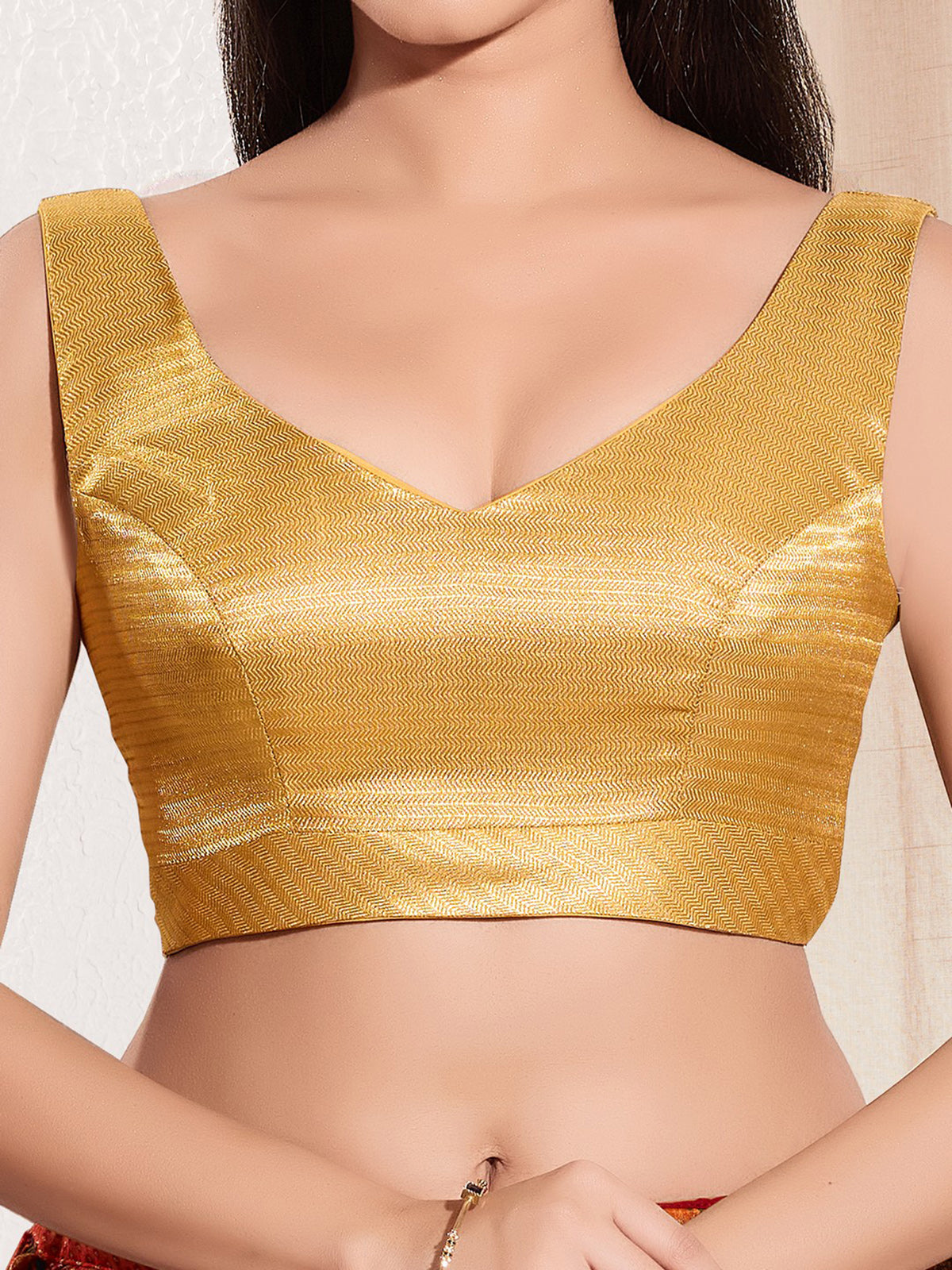 Yellow gold mulburry silk zari sweetheart neck blouse