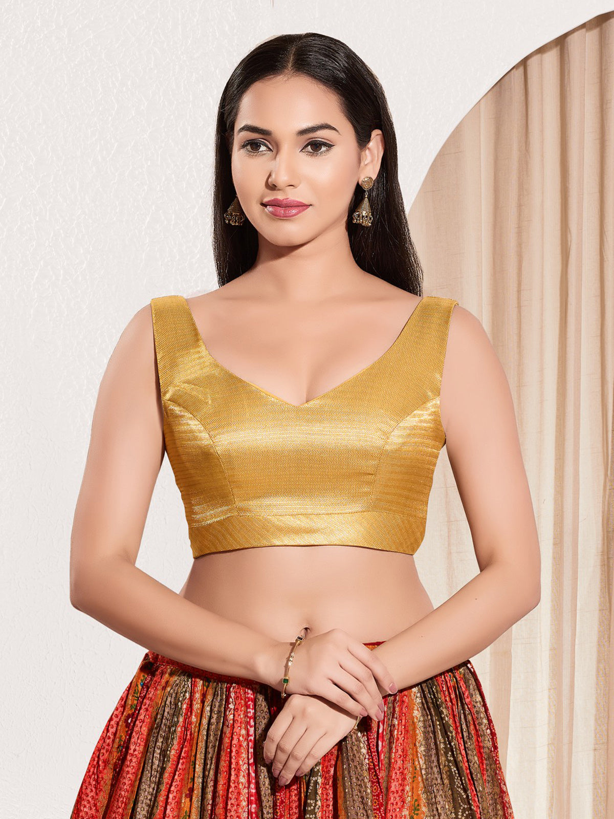 Yellow gold mulburry silk zari sweetheart neck blouse